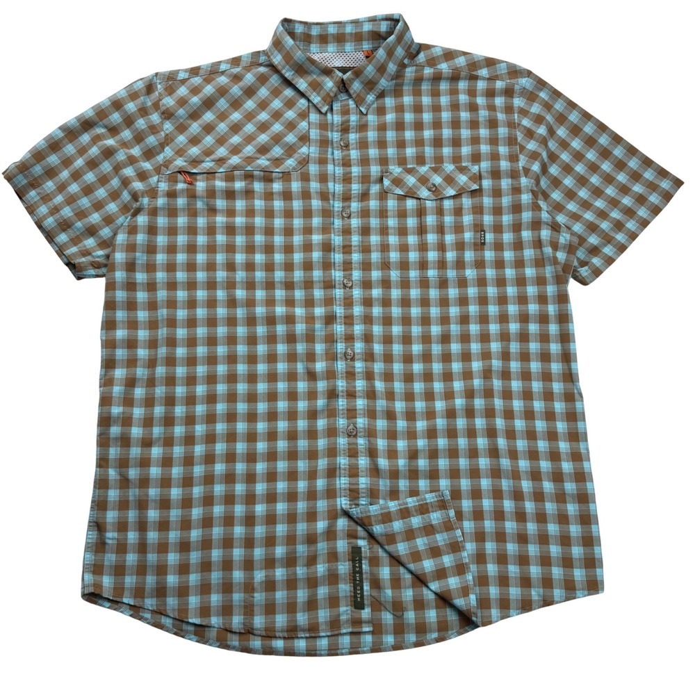Howler Bros H Bar B Tech Shirt Mens Large Blue Brown Plaid Fishing Hiking S/S